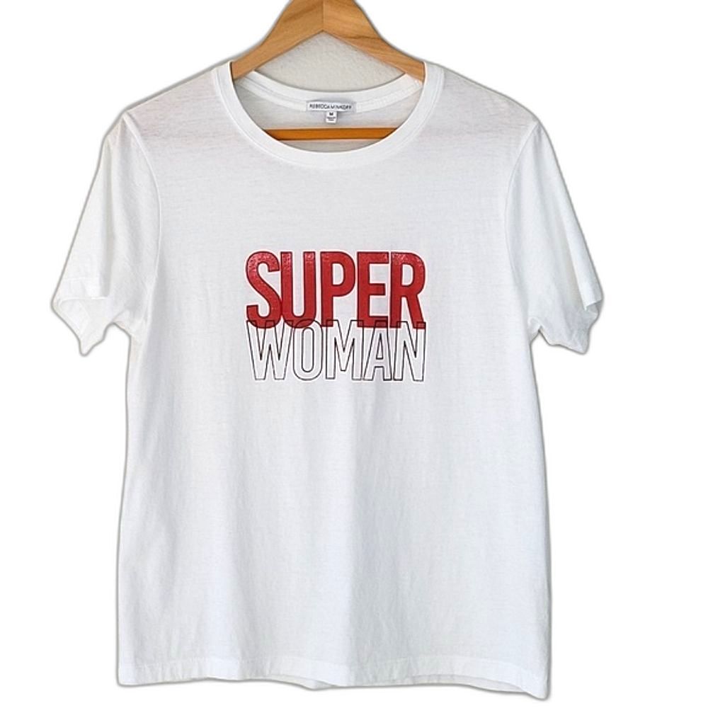 REBECCA MINKOFF 100% Cotton Crew Neck Super Woman T-shirt size M White Red Brown